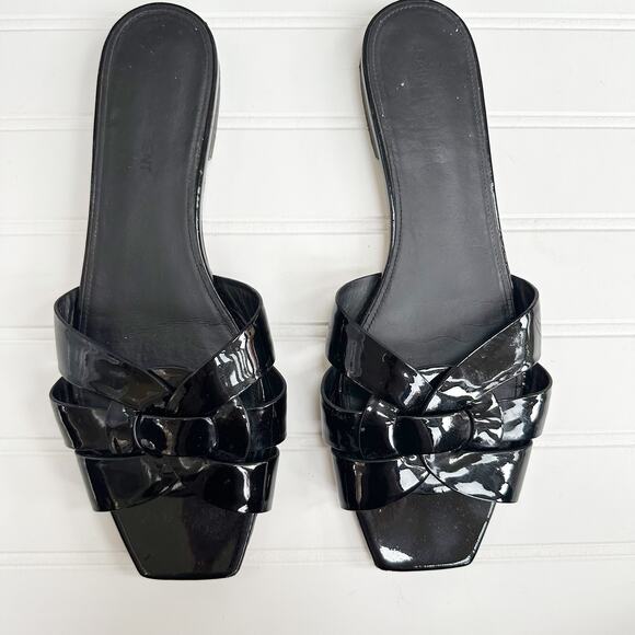 Saint Laurent Tribute Flat Sandals Black Patent Leather Woven Slide 39.5 - Picture 1 of 10